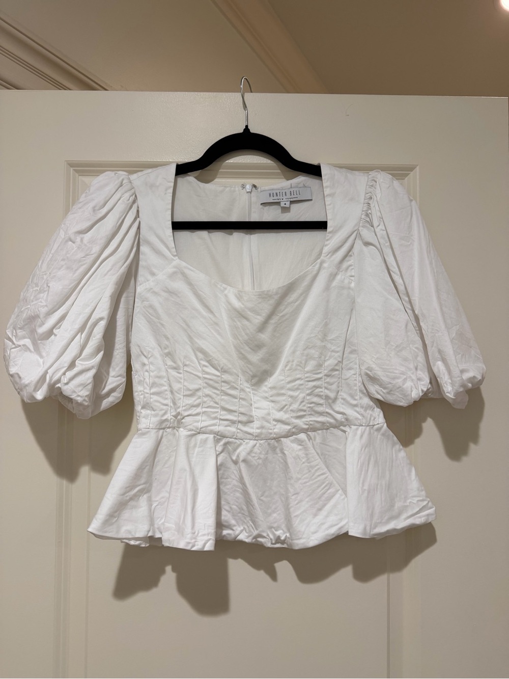 HUNTER BELL White Puff-Sleeve Peplum Blouse